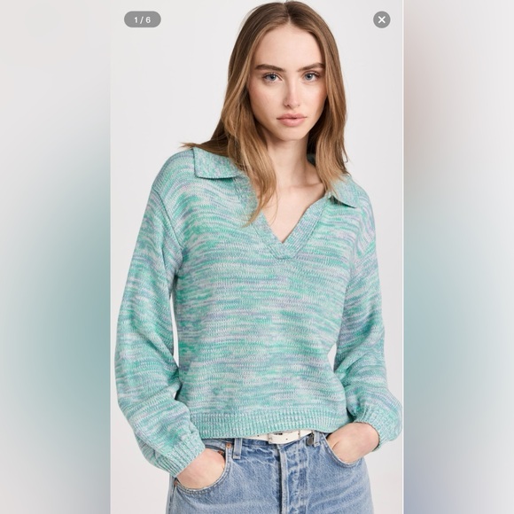 NEW 525 AMERICA lattice split neck collar pull over in cyan multi - Picture 6 of 15